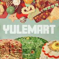 [Image description: Photograph of Christmas cookies and molded jello salad with a retro feel and the word 'Yulemart']