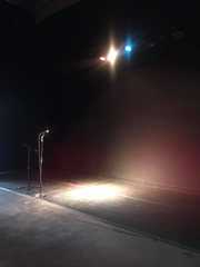 An empty stage with a microphone and a pool of light