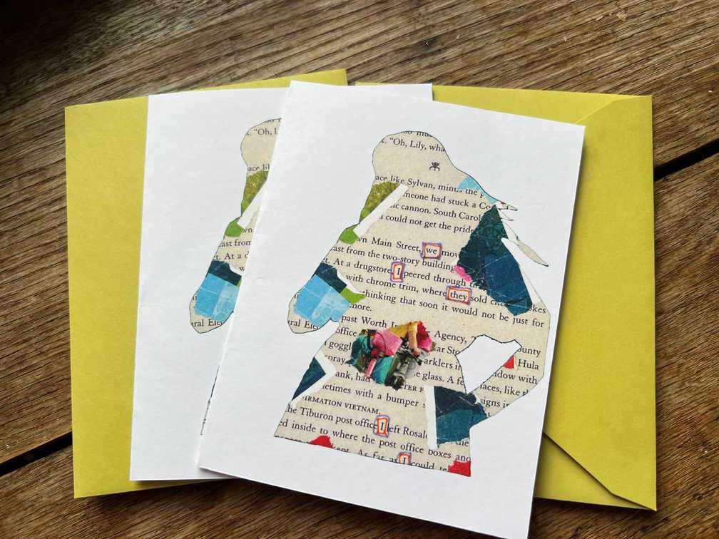 Image description: Two cards made from a collage by Alison Bergblom Johnson of a silhouette of a woman with her hand in her pocket cut into an altered book page.